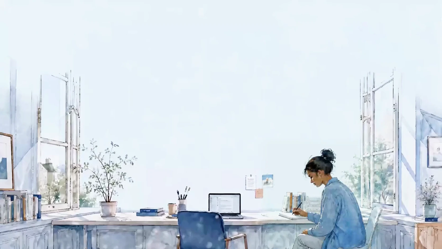 A learner writes at a sunlit desk in a pale blue study room
